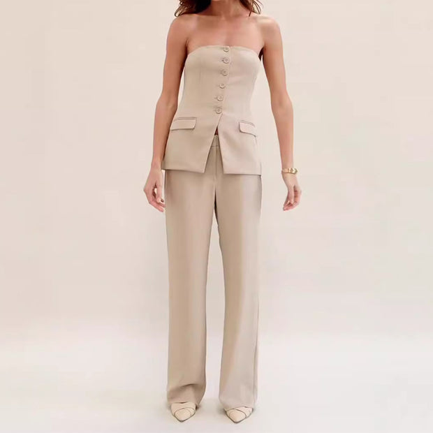 Sleeveless Top Suit And Straight Pants Set