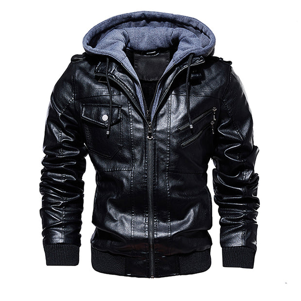 Men Hooded Leather Jacket Thick Motorcycle Windproof