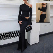 Oblique Long Sleeve Top And High Waist Long Skirt