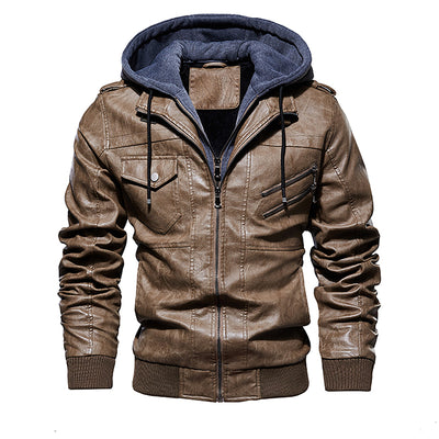 Men Hooded Leather Jacket Thick Motorcycle Windproof