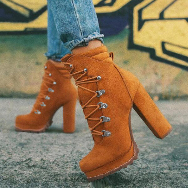 Heeled Round Toe Lace UP High Heels Boots