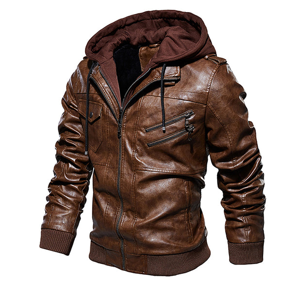 Men Hooded Leather Jacket Thick Motorcycle Windproof