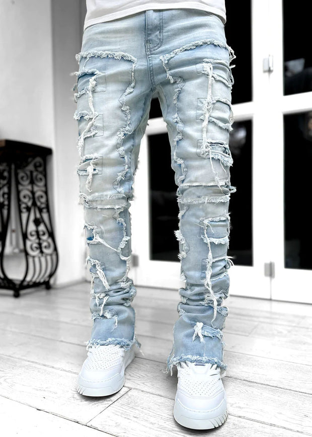 Patched Pants Long Tight Fit Stacked Jeans