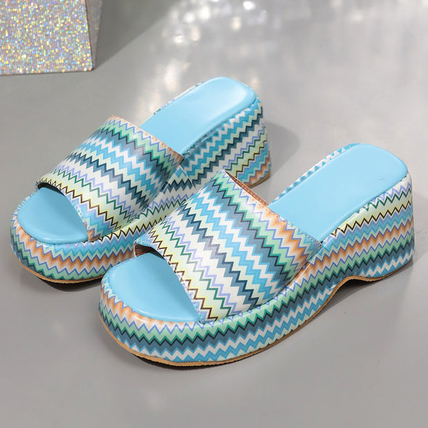 Colorful Summer Wave Print Wedges Sandals