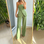 Sleeveless Top Suit And Straight Pants Set