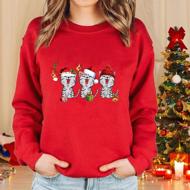 Long Sleeve Round Neck Sweater Christmas Cat