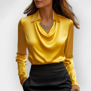 Ladies Solid Satin Collar Draped Elegant Blouse