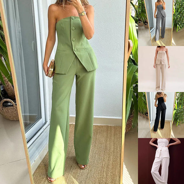 Sleeveless Top Suit And Straight Pants Set
