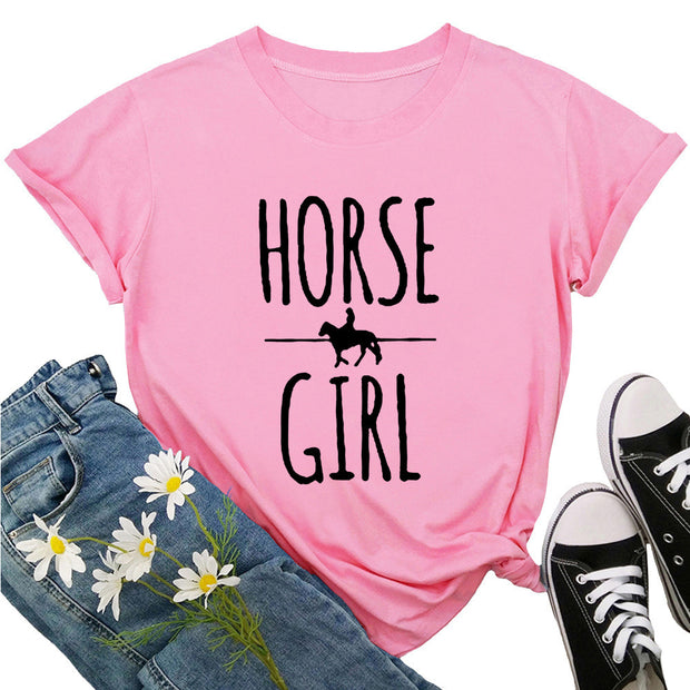 Horse Girl Letter Short Sleeve Women's T-shirt