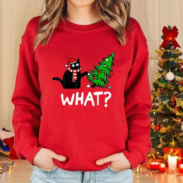 Long Sleeve Round Neck Sweater Christmas Cat