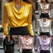 Ladies Solid Satin Collar Draped Elegant Blouse
