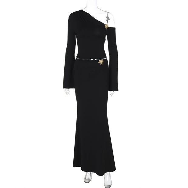 Oblique Long Sleeve Top And High Waist Long Skirt
