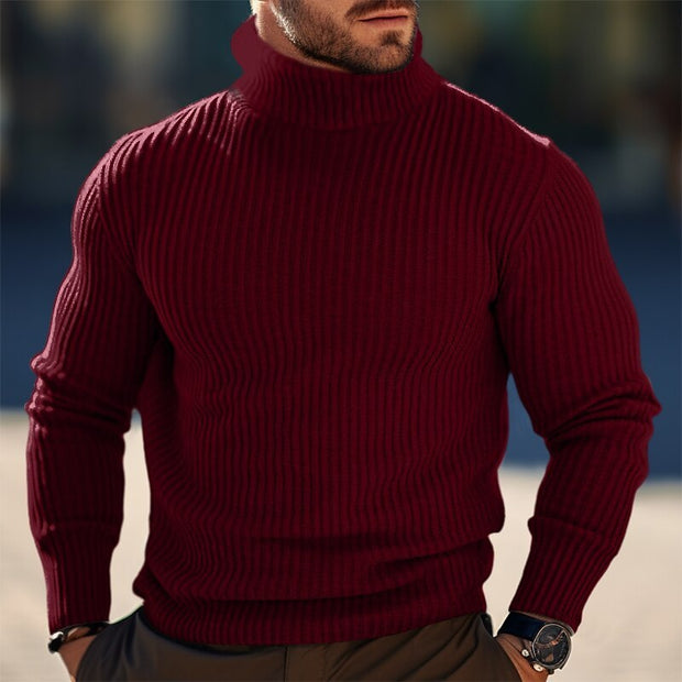 Turtleneck Solid Color Striped Sweater Men