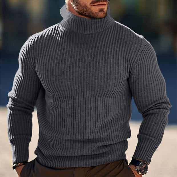 Turtleneck Solid Color Striped Sweater Men