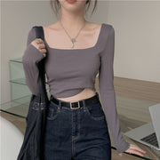 Women's Slim Fit Square Collar Long-sleeved