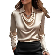 Ladies Solid Satin Collar Draped Elegant Blouse