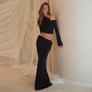 Oblique Long Sleeve Top And High Waist Long Skirt