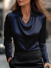Ladies Solid Satin Collar Draped Elegant Blouse