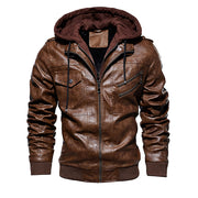 Men Hooded Leather Jacket Thick Motorcycle Windproof