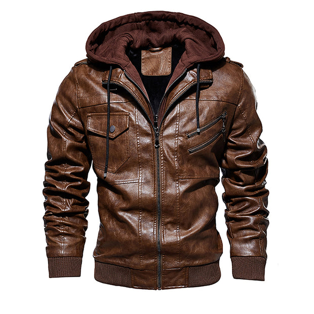 Men Hooded Leather Jacket Thick Motorcycle Windproof