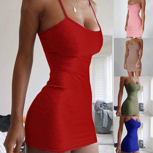 Pure Color Dress Simple Hanging Neck Tight-fitting