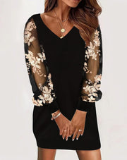 Long-sleeved Lace Splicing V-neck Womens Dress