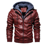 Men Hooded Leather Jacket Thick Motorcycle Windproof