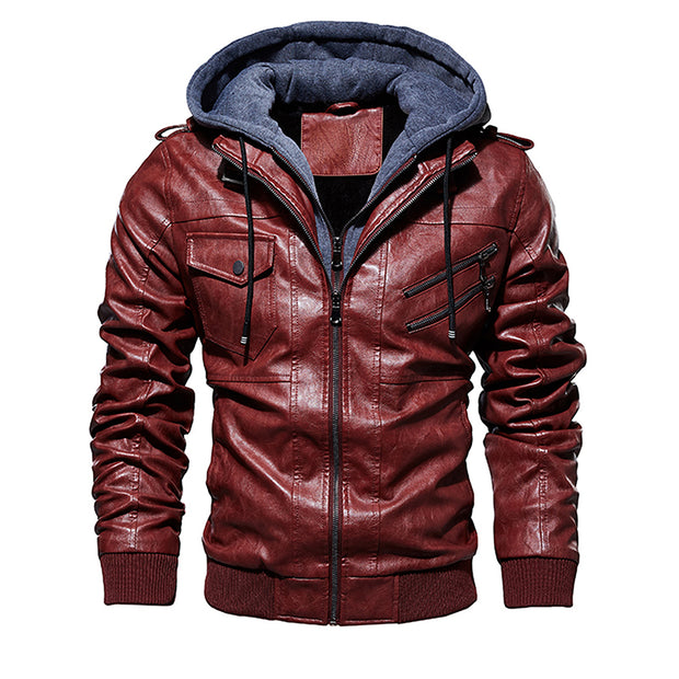 Men Hooded Leather Jacket Thick Motorcycle Windproof