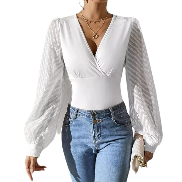 Women's V Long Sleeve Chiffon Stitching Solid Color