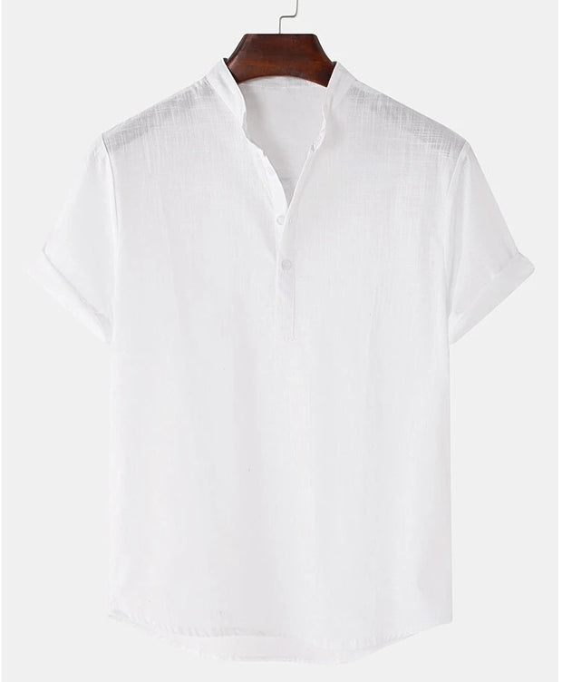 Solid Color Men's Cotton And Linen Breathable Short Sleeve