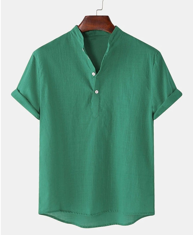 Solid Color Men's Cotton And Linen Breathable Short Sleeve