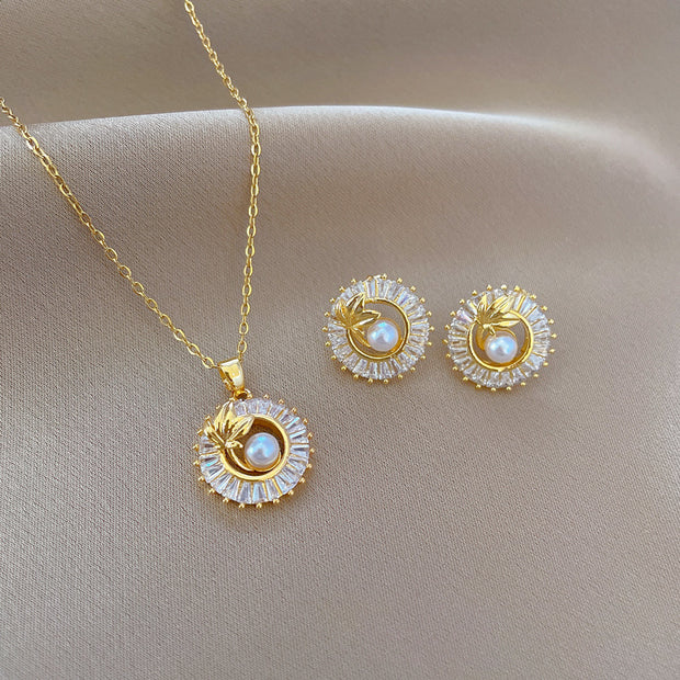 Full Diamond Personalized Round Ring Leaves Necklace And Earrings Suite