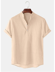 Solid Color Men's Cotton And Linen Breathable Short Sleeve