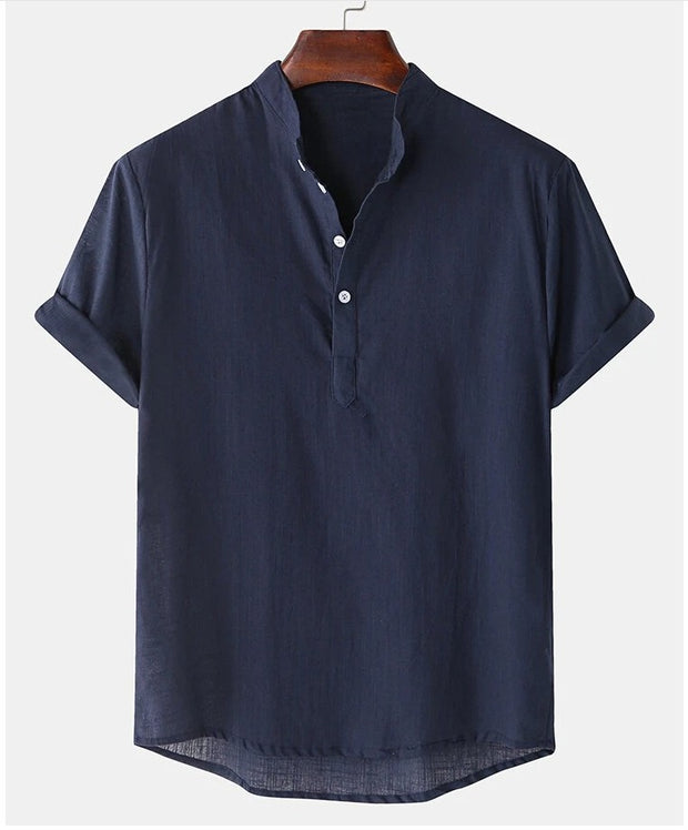 Solid Color Men's Cotton And Linen Breathable Short Sleeve