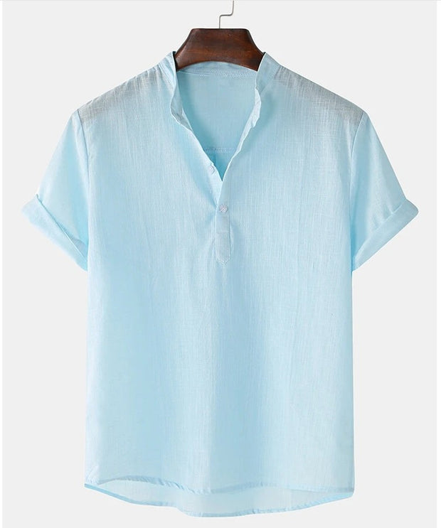 Solid Color Men's Cotton And Linen Breathable Short Sleeve