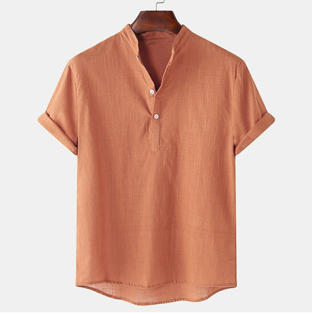 Solid Color Men's Cotton And Linen Breathable Short Sleeve