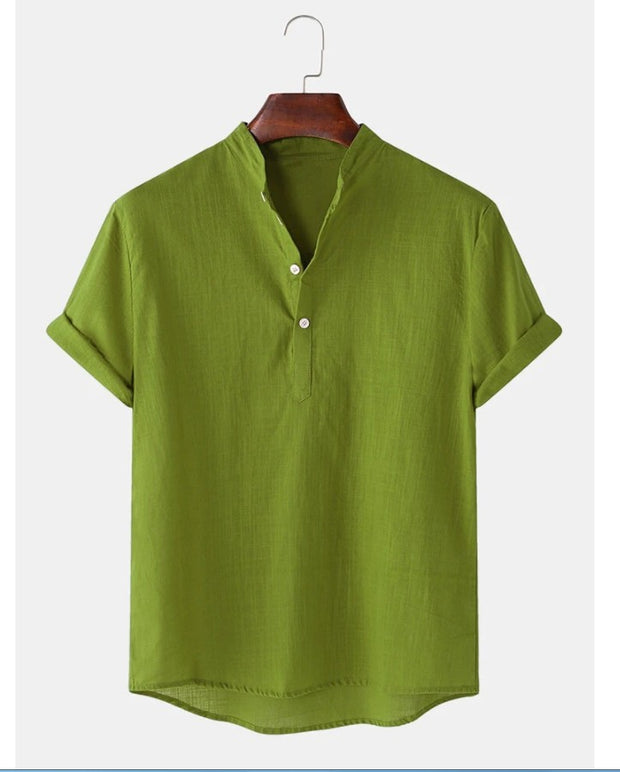 Solid Color Men's Cotton And Linen Breathable Short Sleeve