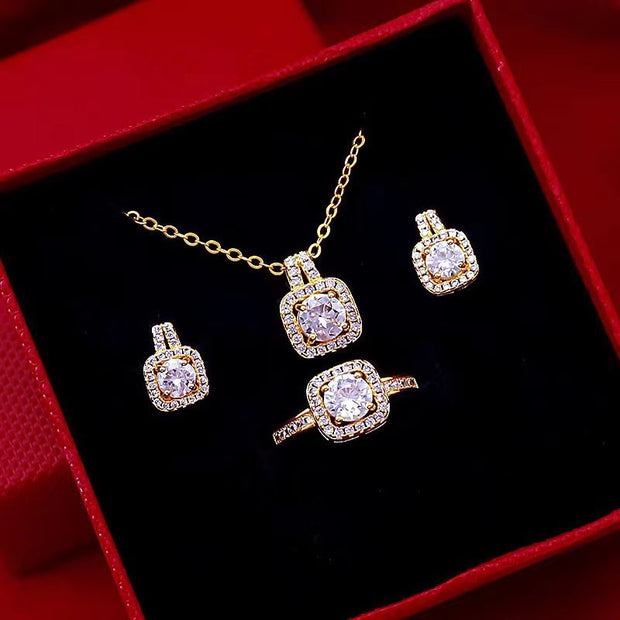 Necklace Set Zircon Gem Pendant Chain Gold Color