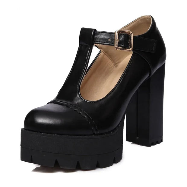 T-starp Buckle Female Single Shoes Thick Heels Platform Plus Size 43