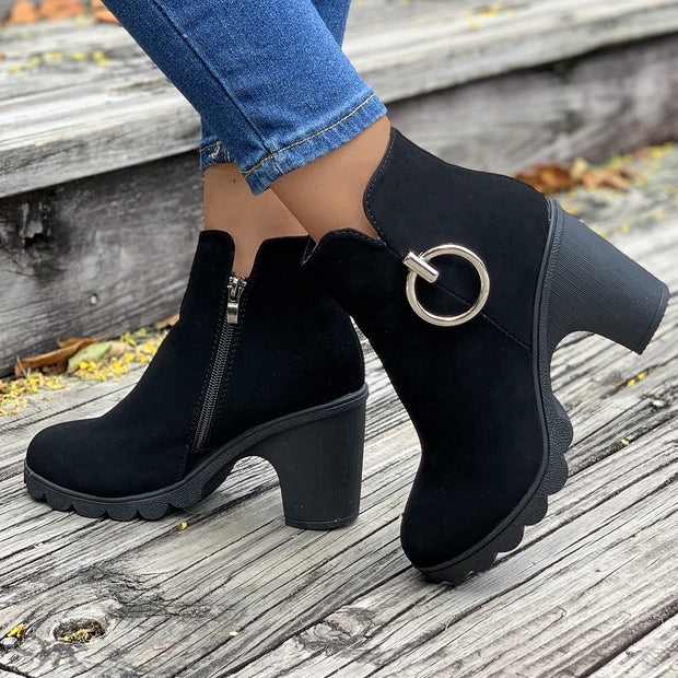 Round Head Side Zipper Ankle Boots