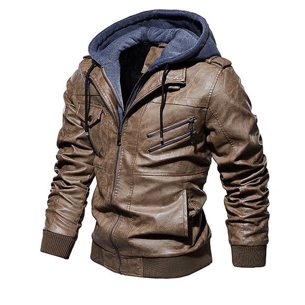 Men Hooded Leather Jacket Thick Motorcycle Windproof