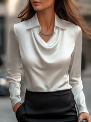 Ladies Solid Satin Collar Draped Elegant Blouse