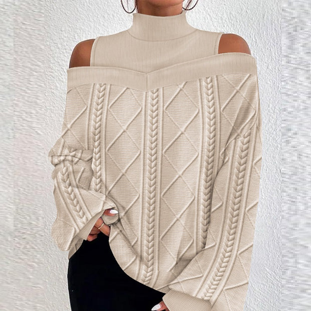 Top Twist Patchwork Cold-shoulder Long-sleeved