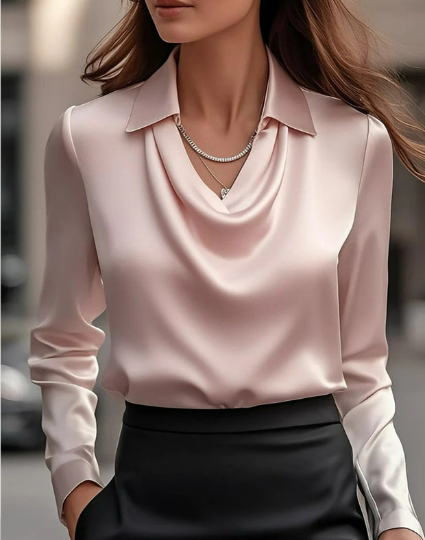 Ladies Solid Satin Collar Draped Elegant Blouse
