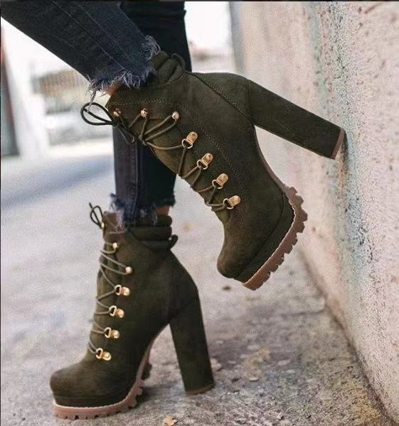 Heeled Round Toe Lace UP High Heels Boots