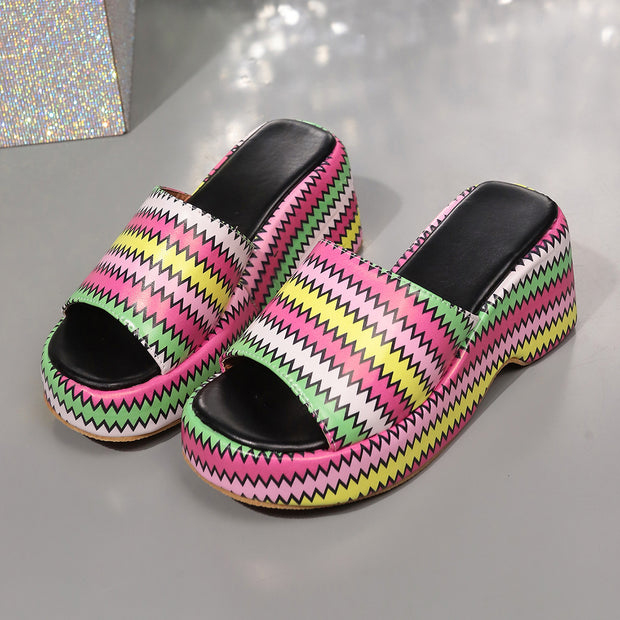 Colorful Summer Wave Print Wedges Sandals