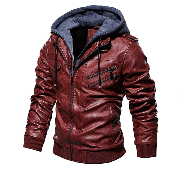 Men Hooded Leather Jacket Thick Motorcycle Windproof