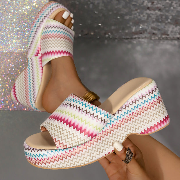 Colorful Summer Wave Print Wedges Sandals