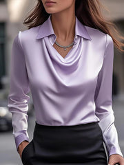 Ladies Solid Satin Collar Draped Elegant Blouse