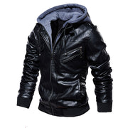 Men Hooded Leather Jacket Thick Motorcycle Windproof